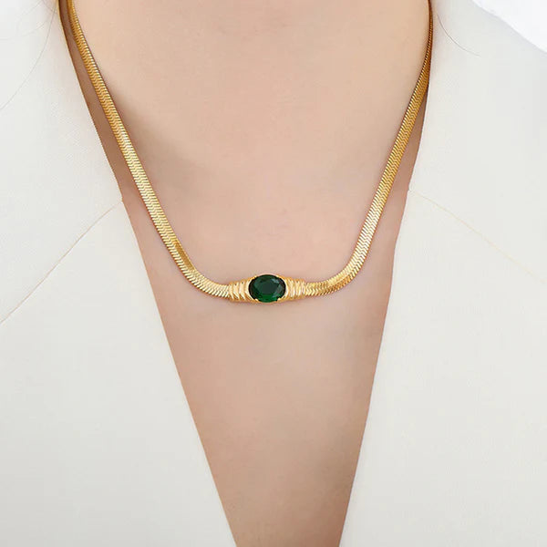GOLD PLATED SINGLE EMERALD GREEN NECKLACE