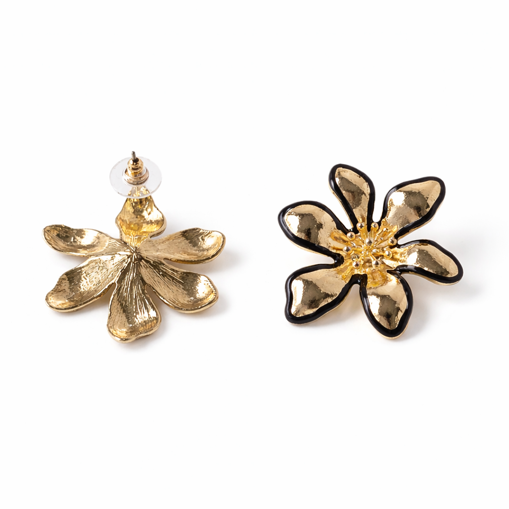 ANTI TARNISH EARRINGS BLACK AND GOLD FLOWER