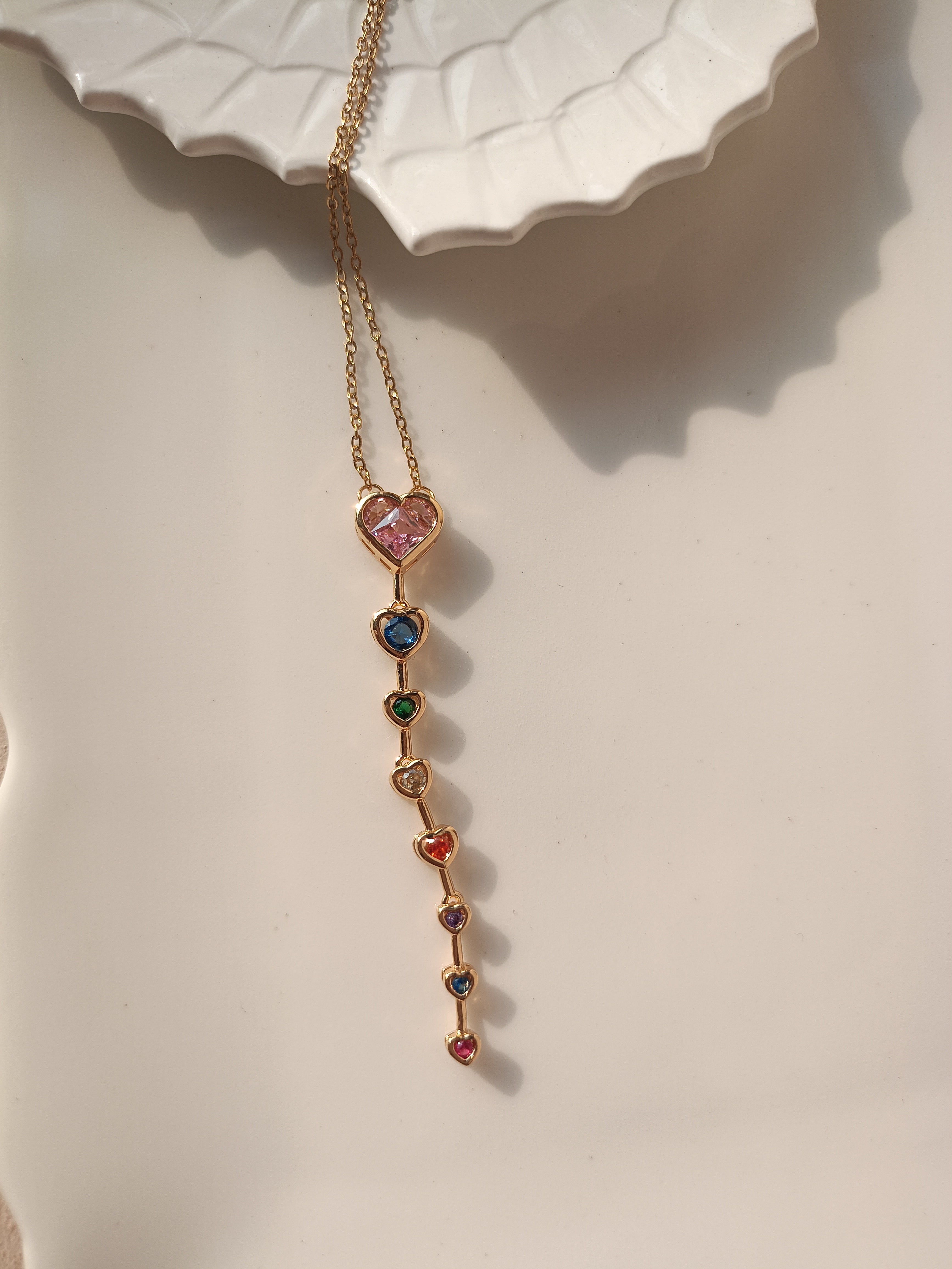GOLD PLATED MULTI COLOUR LONG HEART NECKLACE