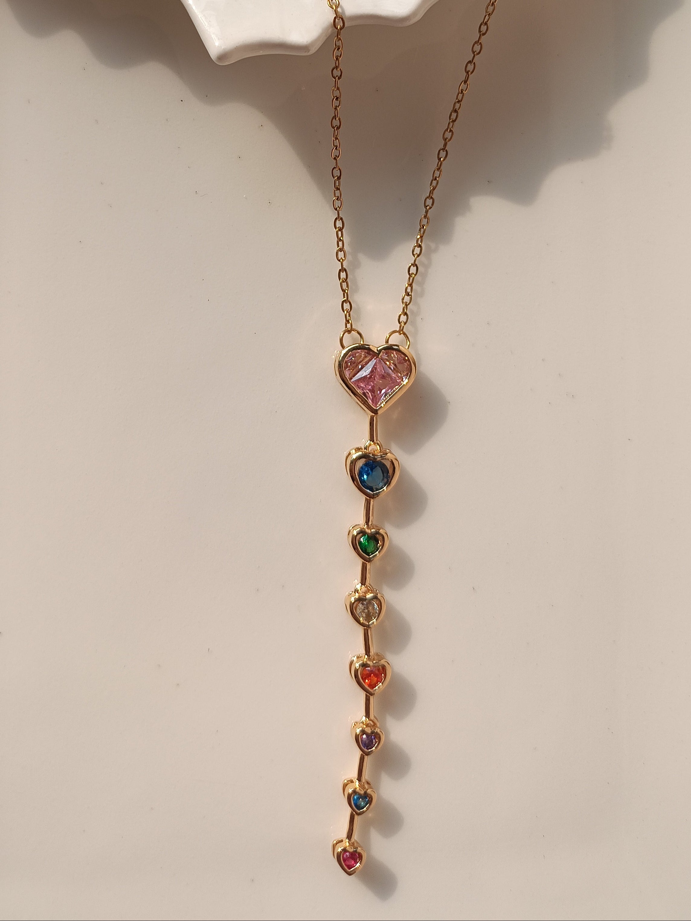 GOLD PLATED MULTI COLOUR LONG HEART NECKLACE